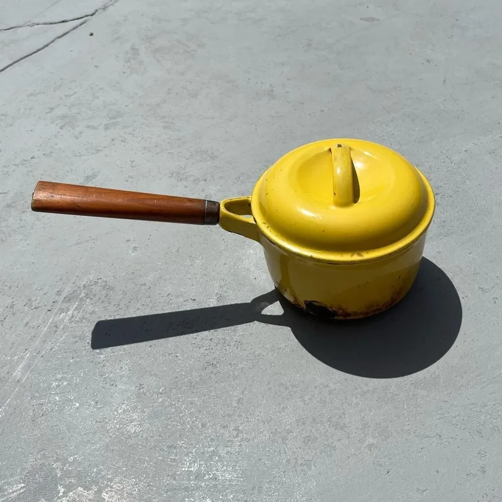 Vintage Colorcast Waterford Ireland Yellow Enamel Cast Iron Saucepan w/ Lid 7”